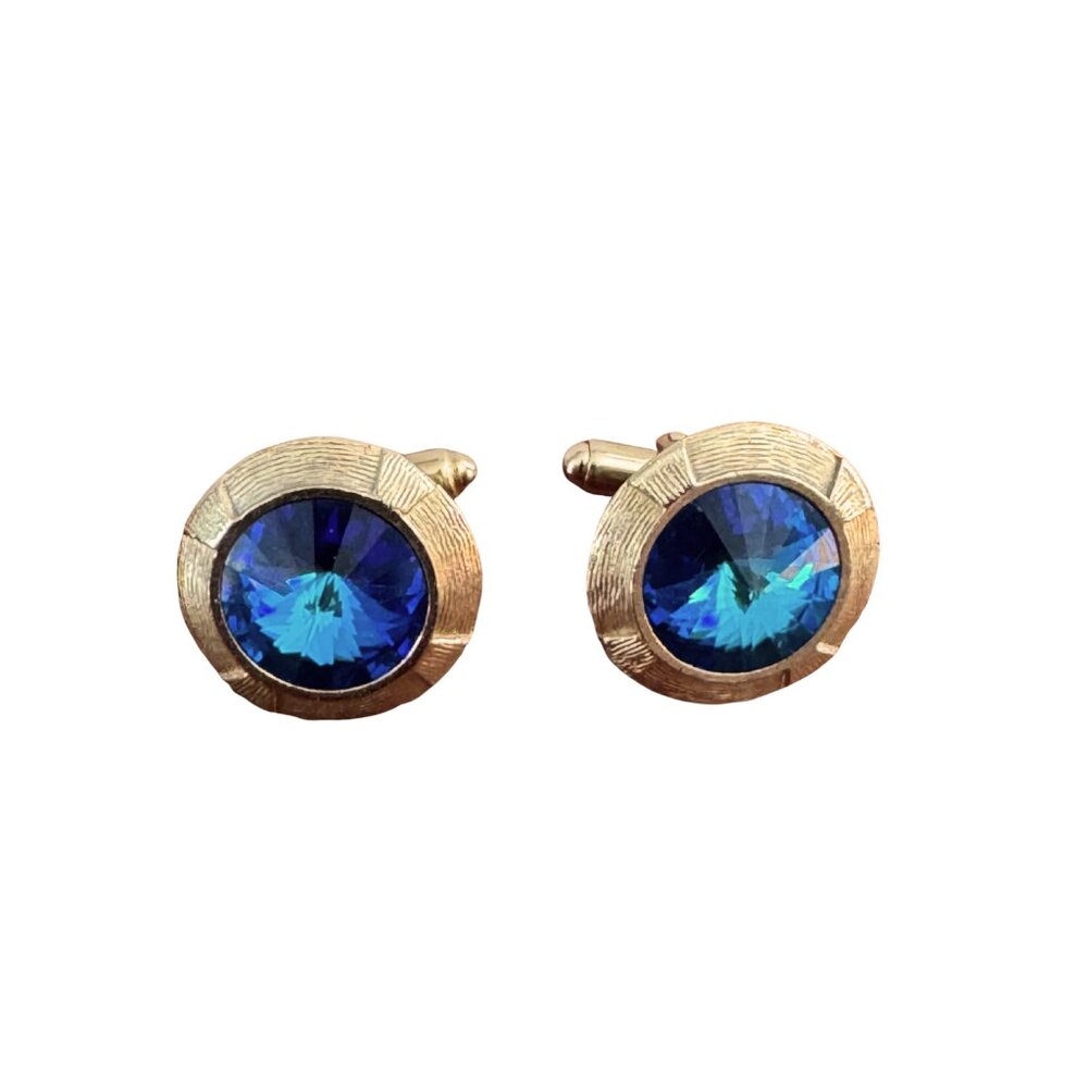 Anson Signed Blue Rivoli Crystal Gold Tone Cufflinks Vintage - Picture 6 of 11